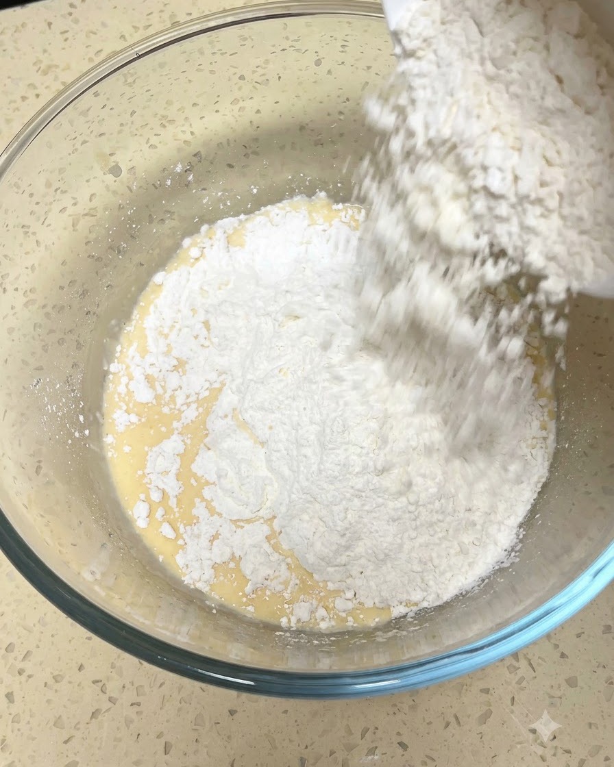 強力粉を液体材料に加え、かき混ぜている様子。