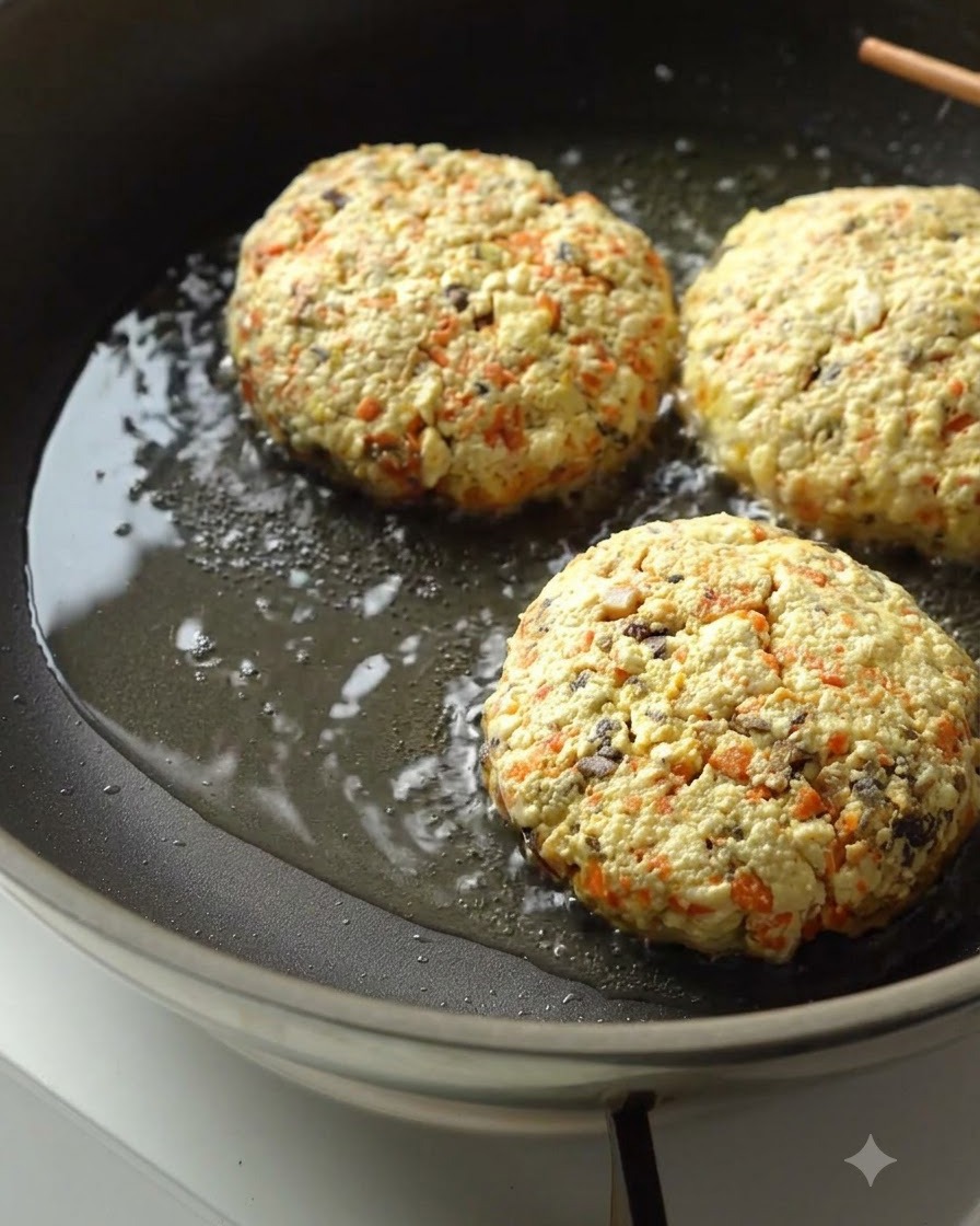 熱した油のフライパンの中でキツネ色に揚げ焼きにされている3枚のビーガンパティ。
