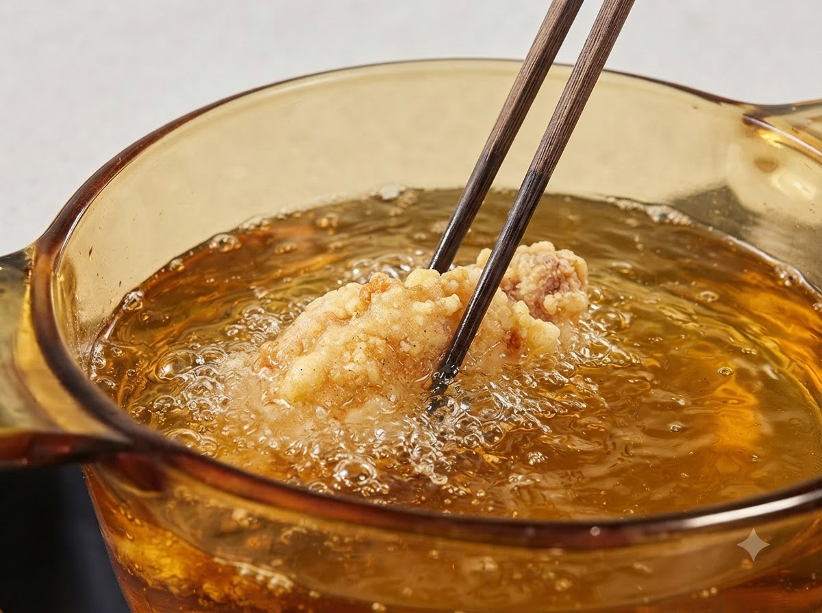 アンバー色のガラス鍋の熱した油の中で、鶏肉を揚げている様子。
