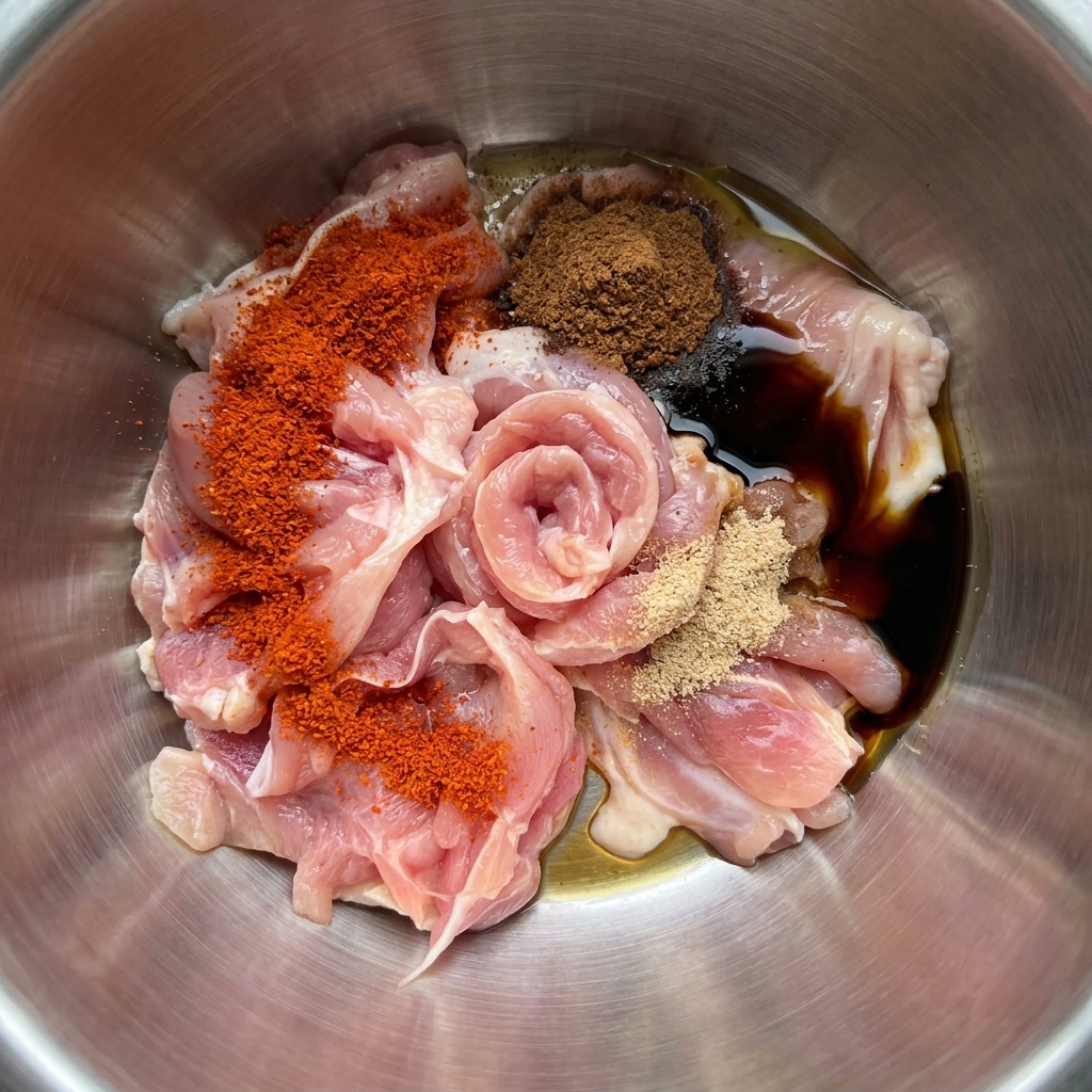 鶏肉と調味料が入ったボウルに薄口醤油が注がれている様子。