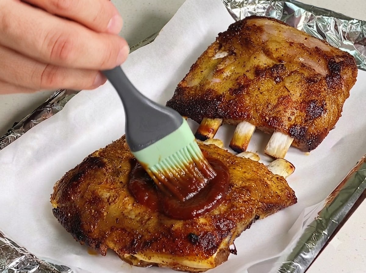 骨が少し見え始めた焼き上がりのポークリブに、ハケでたっぷりとバーベキューソースを塗っている様子。