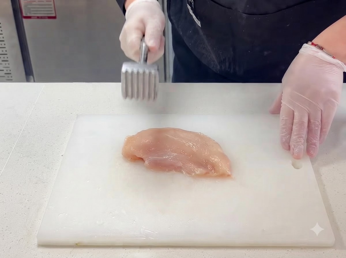 清潔なまな板の上で、手袋をした手が肉叩きハンマーを使って生の鶏むね肉を平らに叩いている様子。