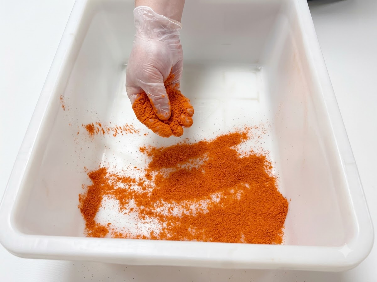 白いプラスチック容器の底面に、手袋をした手がオレンジ色のマリネパウダーを均等に広げている様子。