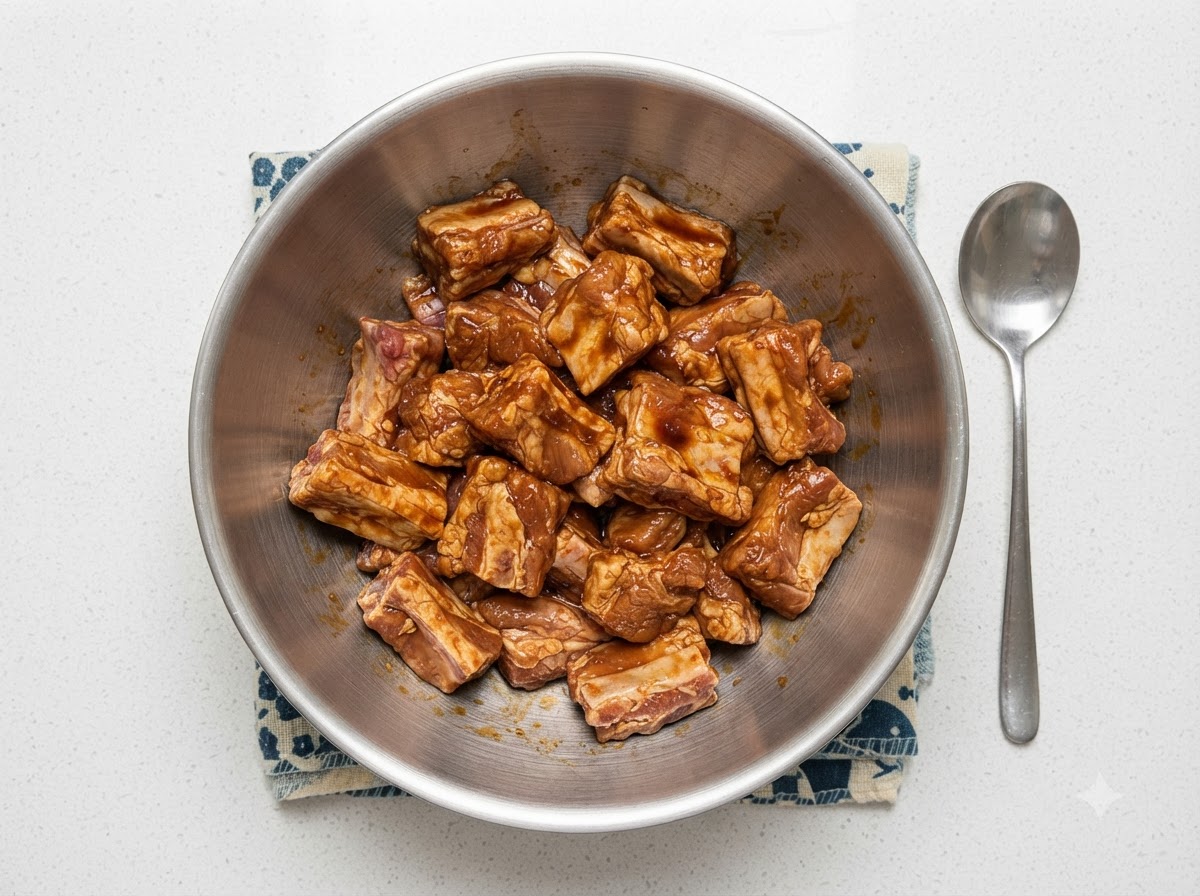 調味料に浸かったスペアリブの入ったボウルとスプーン。cite: 1