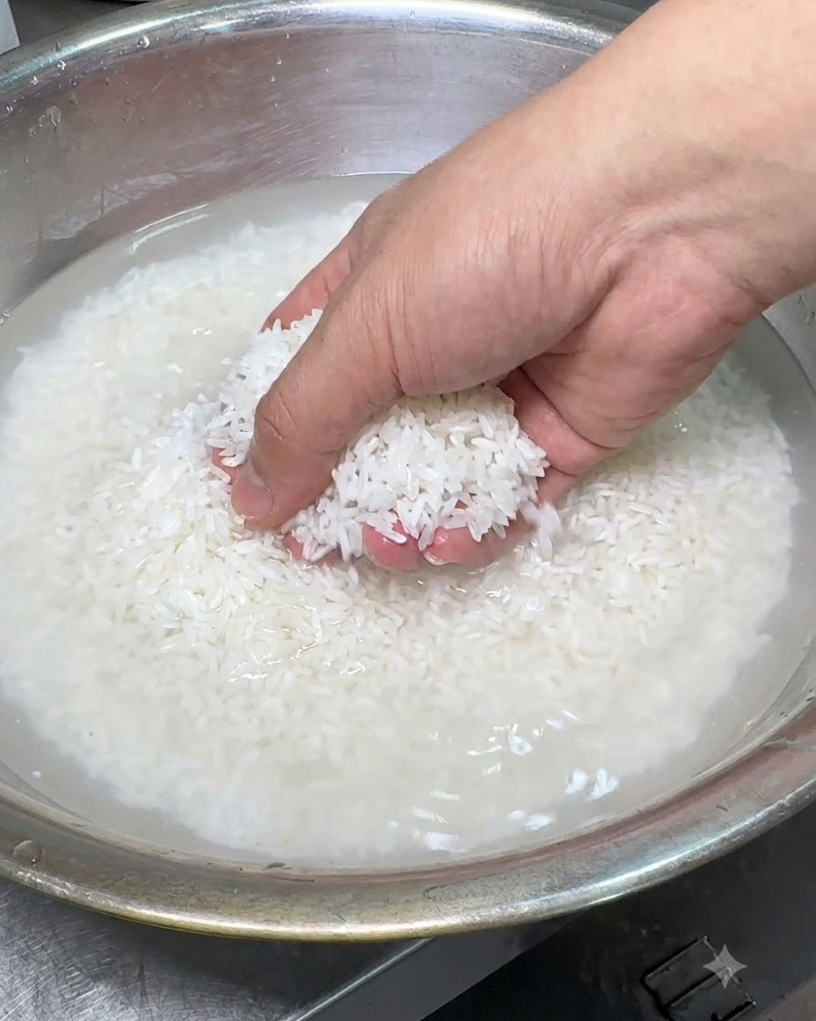 水が入った大きな金属製のボウルの中で、白米を手で優しくすすいでいる様子。