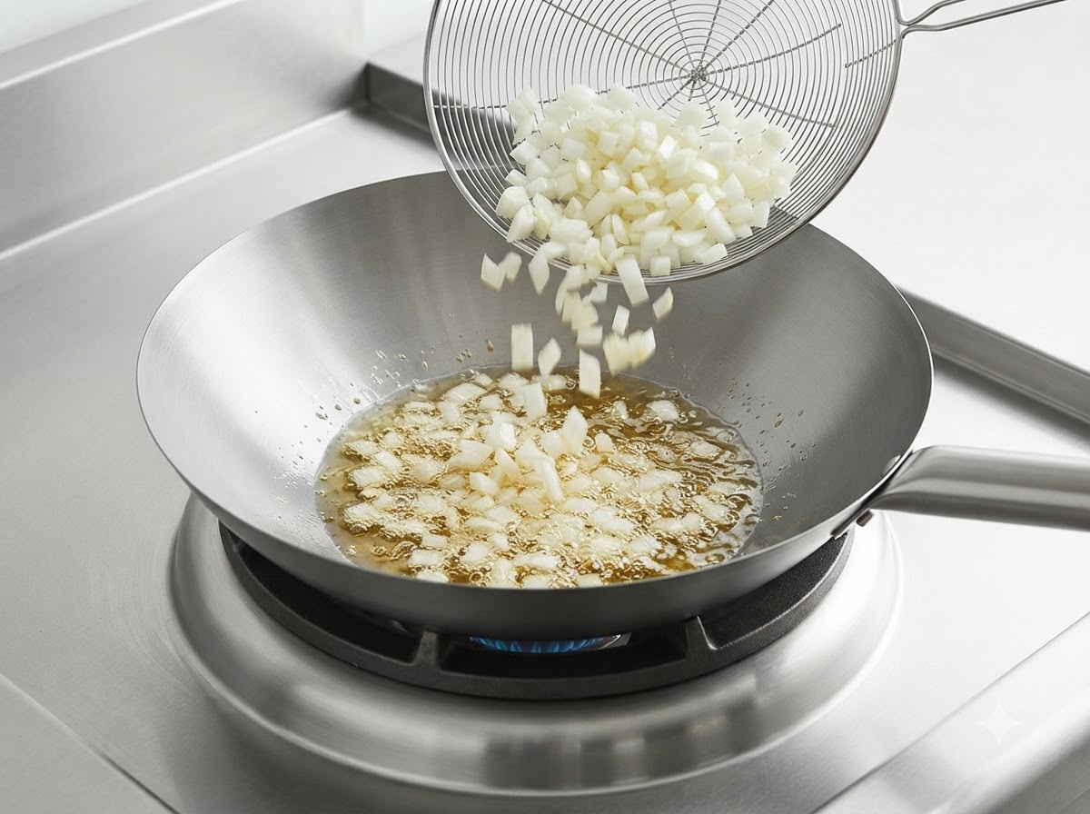 金属製の中華鍋の中の熱した油に、白い食材を入れている様子。