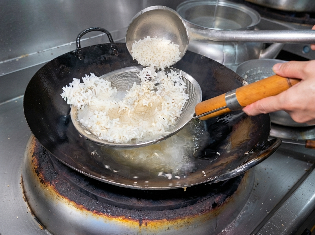 ストレーナーに入った揚げた米を、お玉の近くで中華鍋から持ち上げている様子。