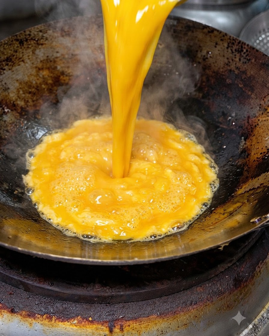 鮮やかな黄色のスープをお玉を使って加熱した中華鍋に注いでいる様子。