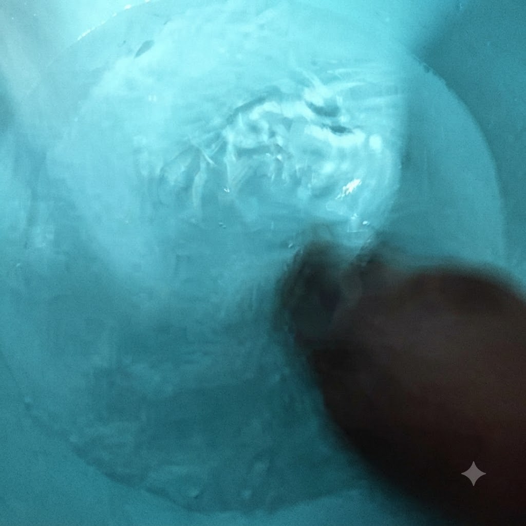 ボウルの中で手が水を勢いよくかき混ぜ、加えた塩を溶かしているところ。