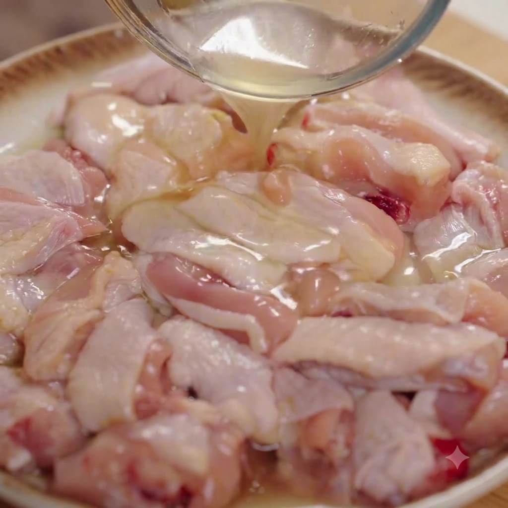 生抽从小玻璃碗中倒在盘中生鸡肉块上。
