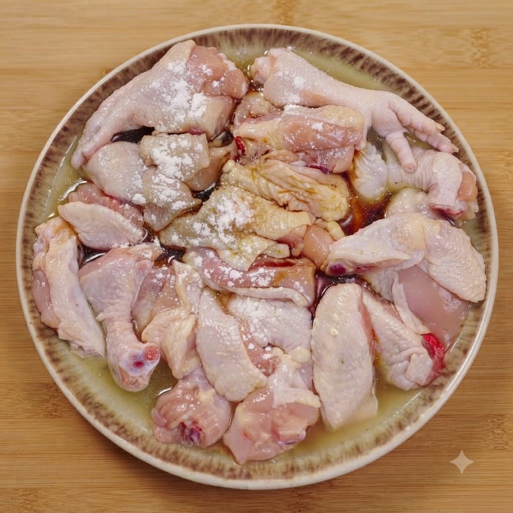 现磨黑胡椒从手持研磨器中撒在盘中调味鸡肉上。