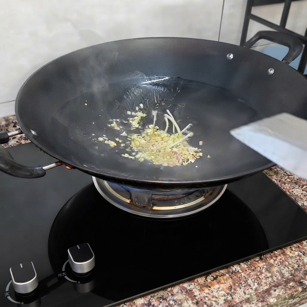 コンロの上の黒い中華鍋で、熱した油でみじん切りのにんにくと青ねぎを炒めている様子