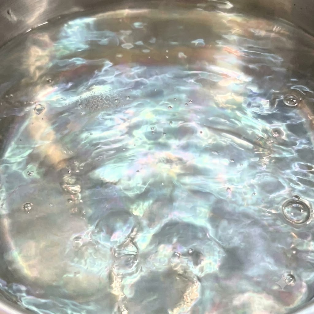 コンロ上のステンレス製の鍋の中で、お湯がぐつぐつと沸騰し、塩が溶け込もうとしている瞬間