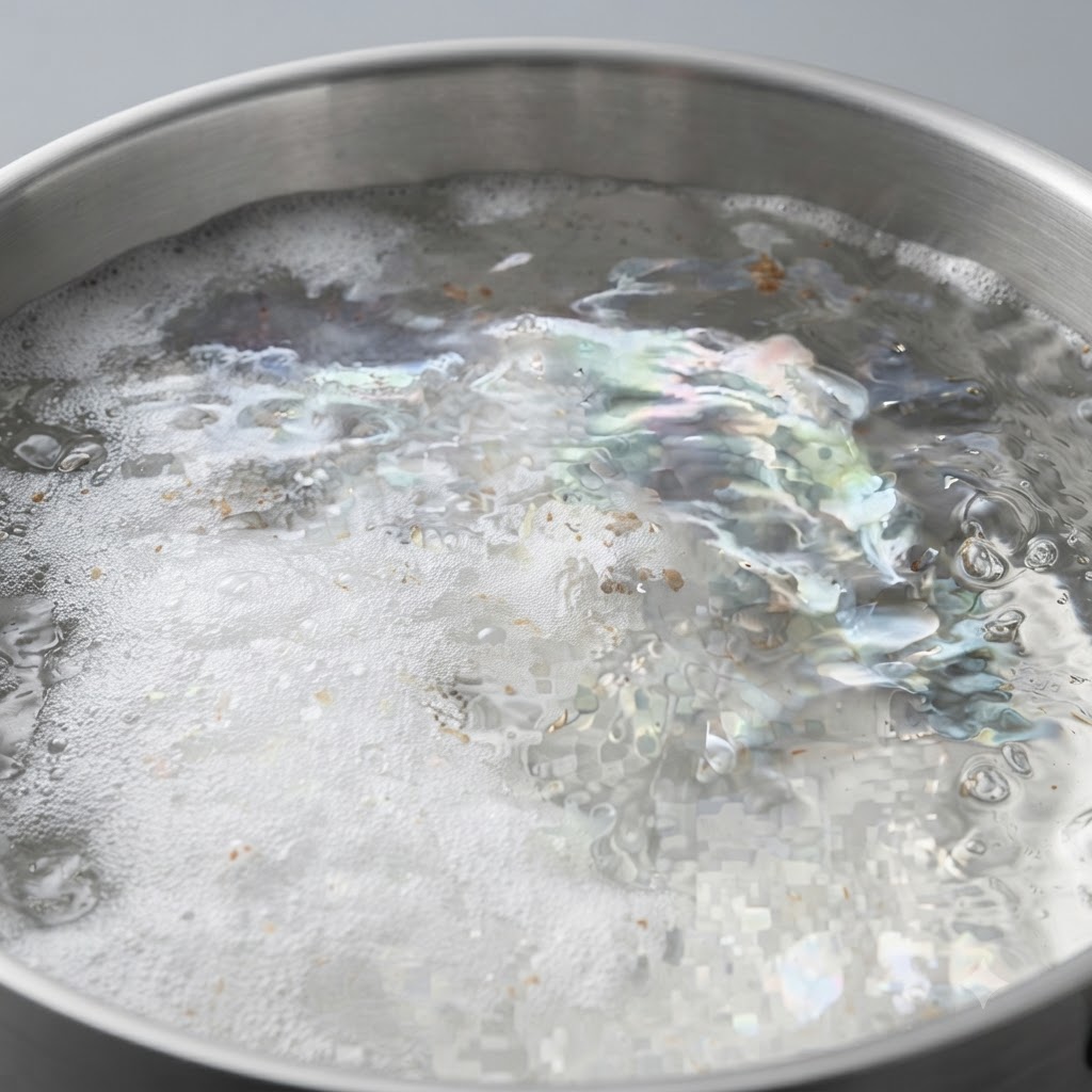 泡と湯気が立ち上るステンレス製の鍋の中で、お湯が激しく沸騰している様子
