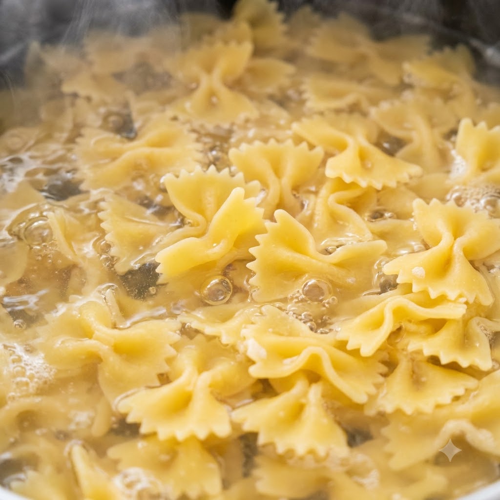 水で満たされた鍋の中で、ファルファッレ（蝶々結び型）のパスタが茹でられている様子