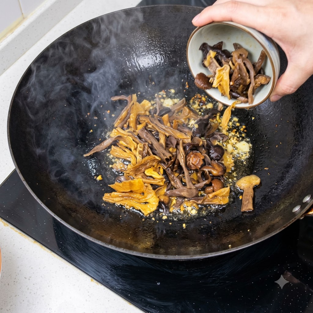 黒い中華鍋に、スライスした衣笠茸と小さなキノコを小鉢から注ぎ入れている様子。