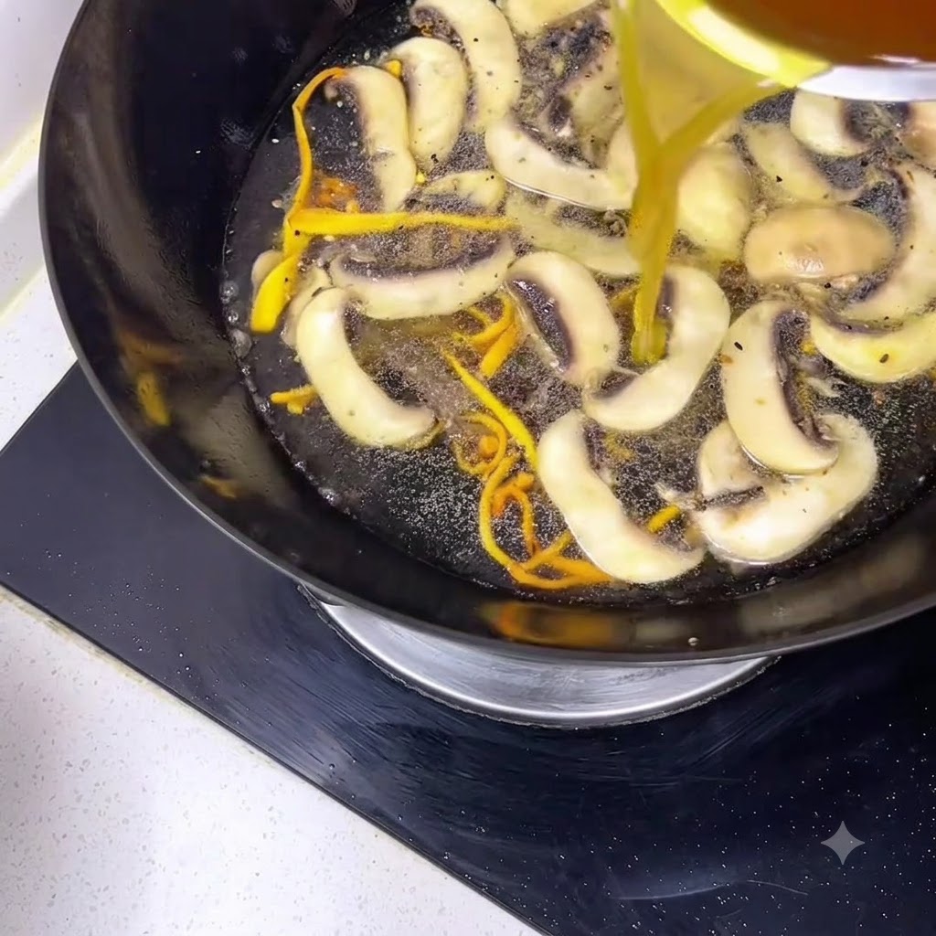 スライスしたキノコが入った熱々の中華鍋に、琥珀色の澄んだキノコの戻し汁を注ぎ入れている様子。