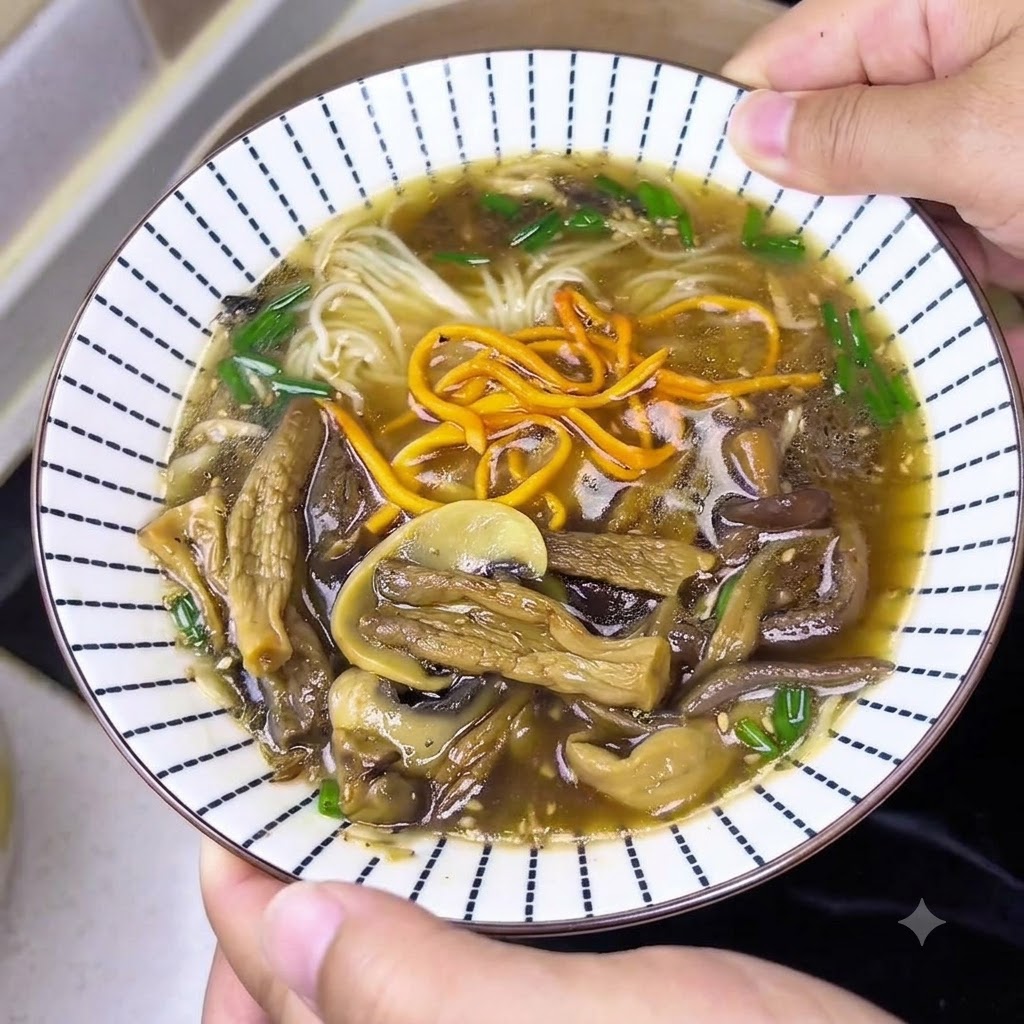 薬味が入った器に、お玉で熱々のキノコスープを注ぎ入れている様子。