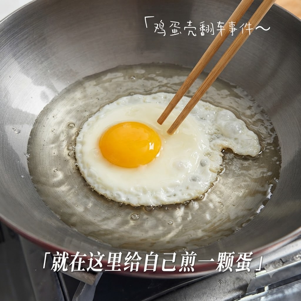 金属製の中華鍋の熱した油の中で揚げられ、箸で形を整えられている卵。