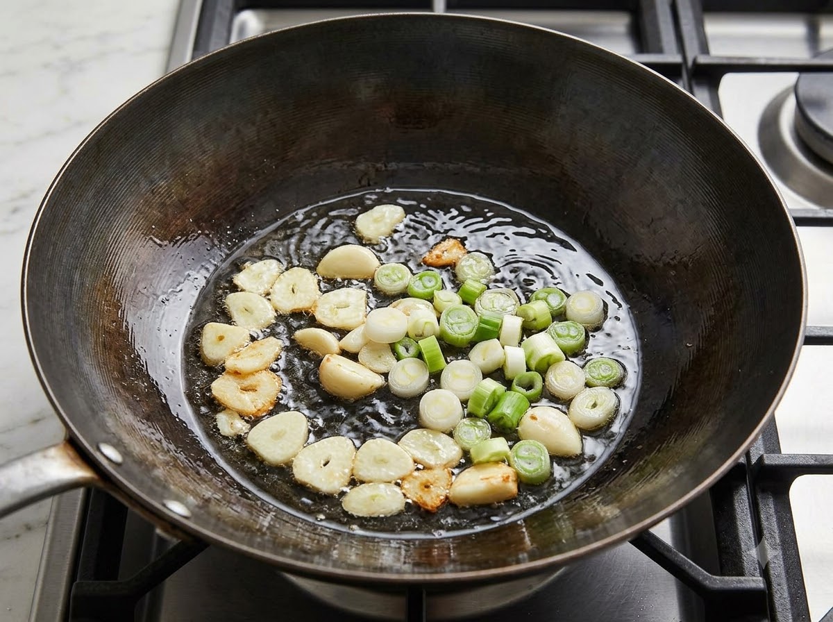 黒い中華鍋の中で熱した油で炒められているスライスにんにくと刻みねぎ。