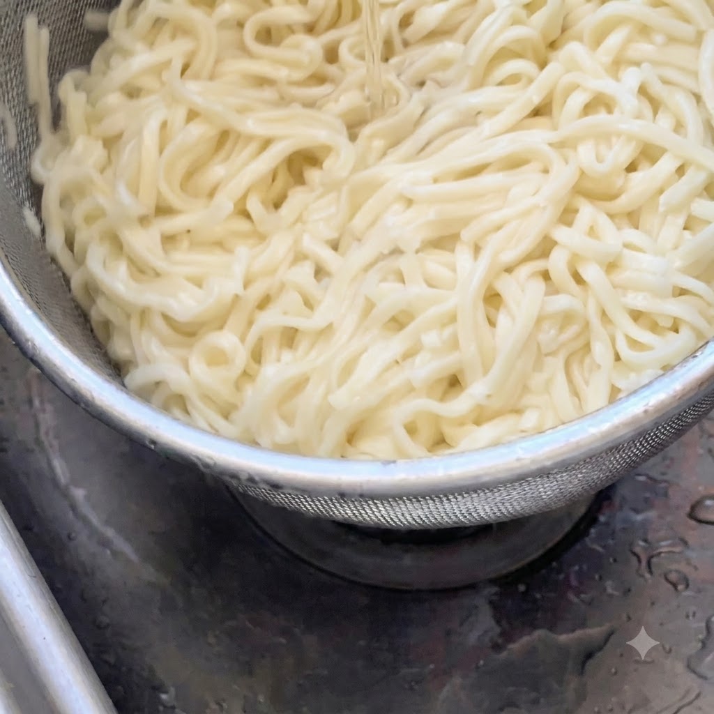 金属製のメッシュストレーナーの中で冷たい流水ですすがれている茹でた白小麦麺。