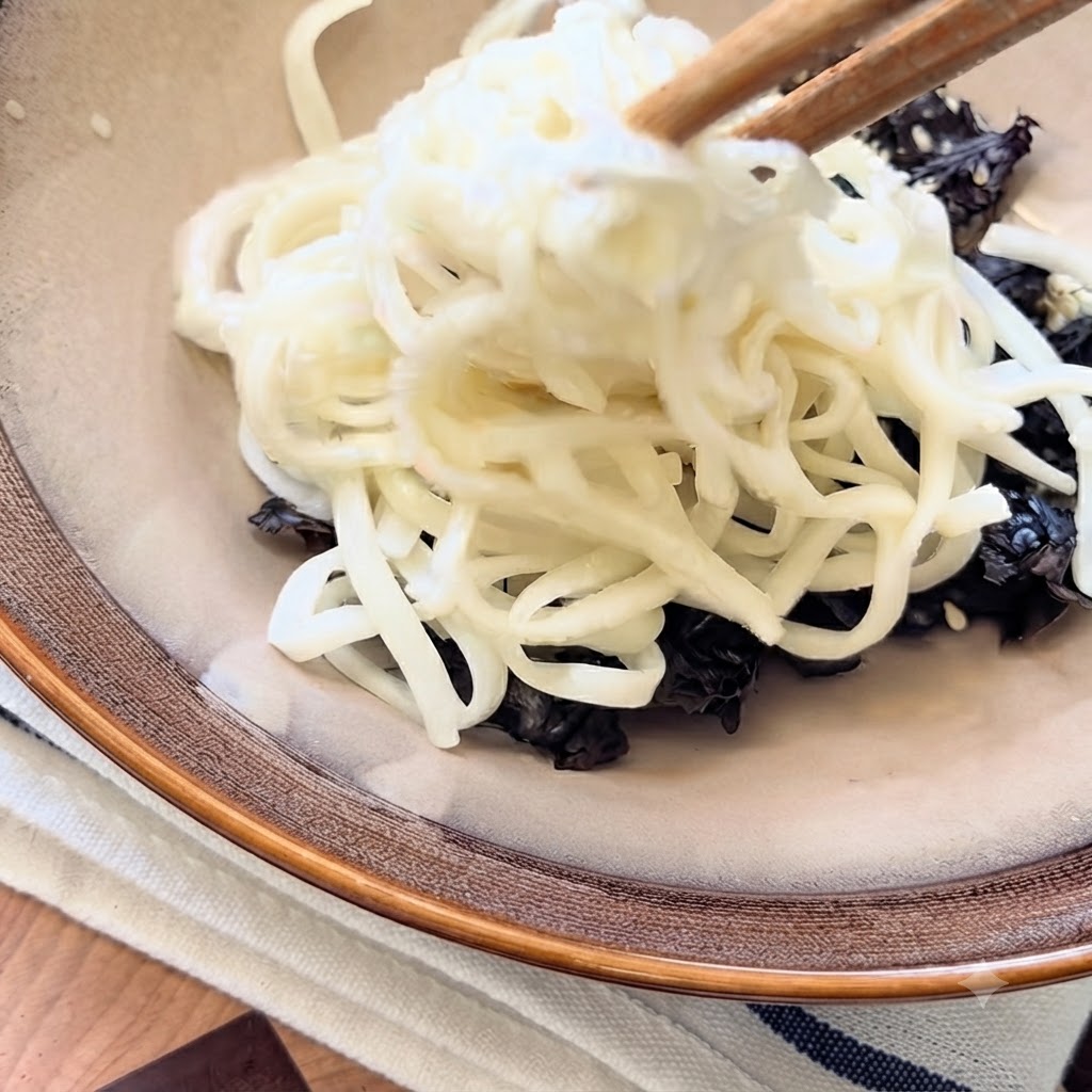 海藻ベースの上に箸で茹でた白い麺を陶器の器に入れている様子。