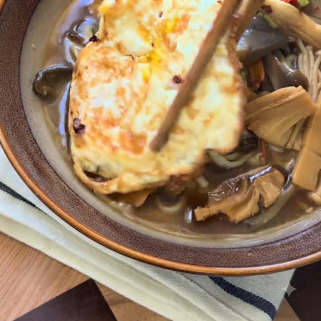 湯気の立つきのこヌードルスープの丼の上に、箸を使って黄金色の目玉焼きを乗せているところ。