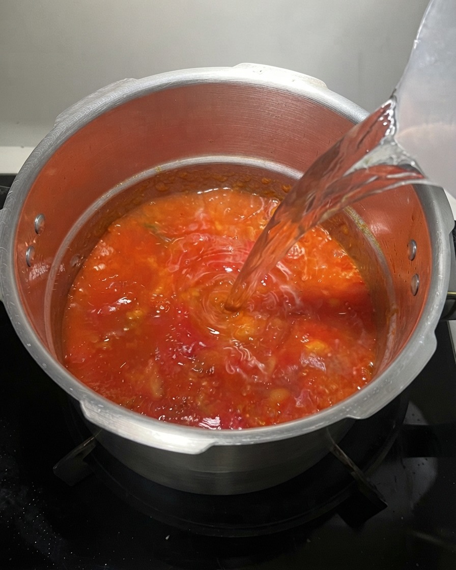 ピッチャーから鮮やかな赤色の煮立ったトマトスープに透明なお湯を注ぎ入れているところ。