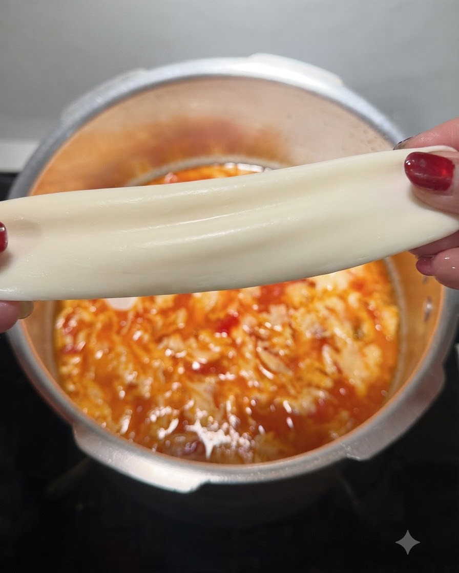 煮立ったスープの上で、柔らかくしなやかになった餃子の皮の細切りを両手で伸ばしているところ。