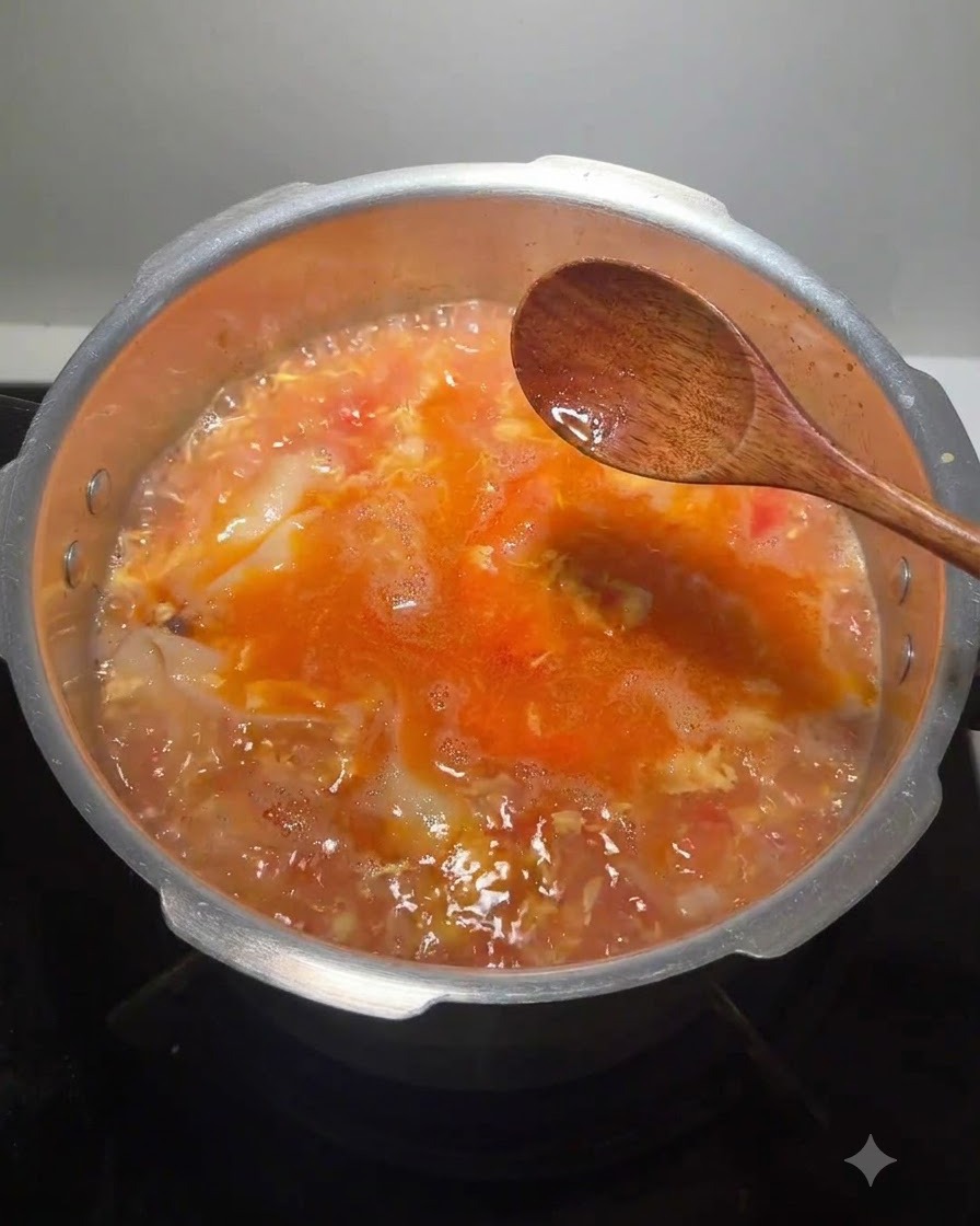 調味料やハーブが入った豊かな風味の煮込みスープを、木製のスプーンでかき混ぜているところ。