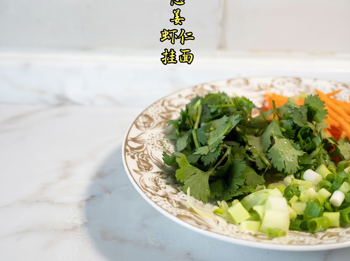 千切りにんじん、パクチー、刻みねぎ、生姜、生海老、乾燥麺を並べた白いお皿。
