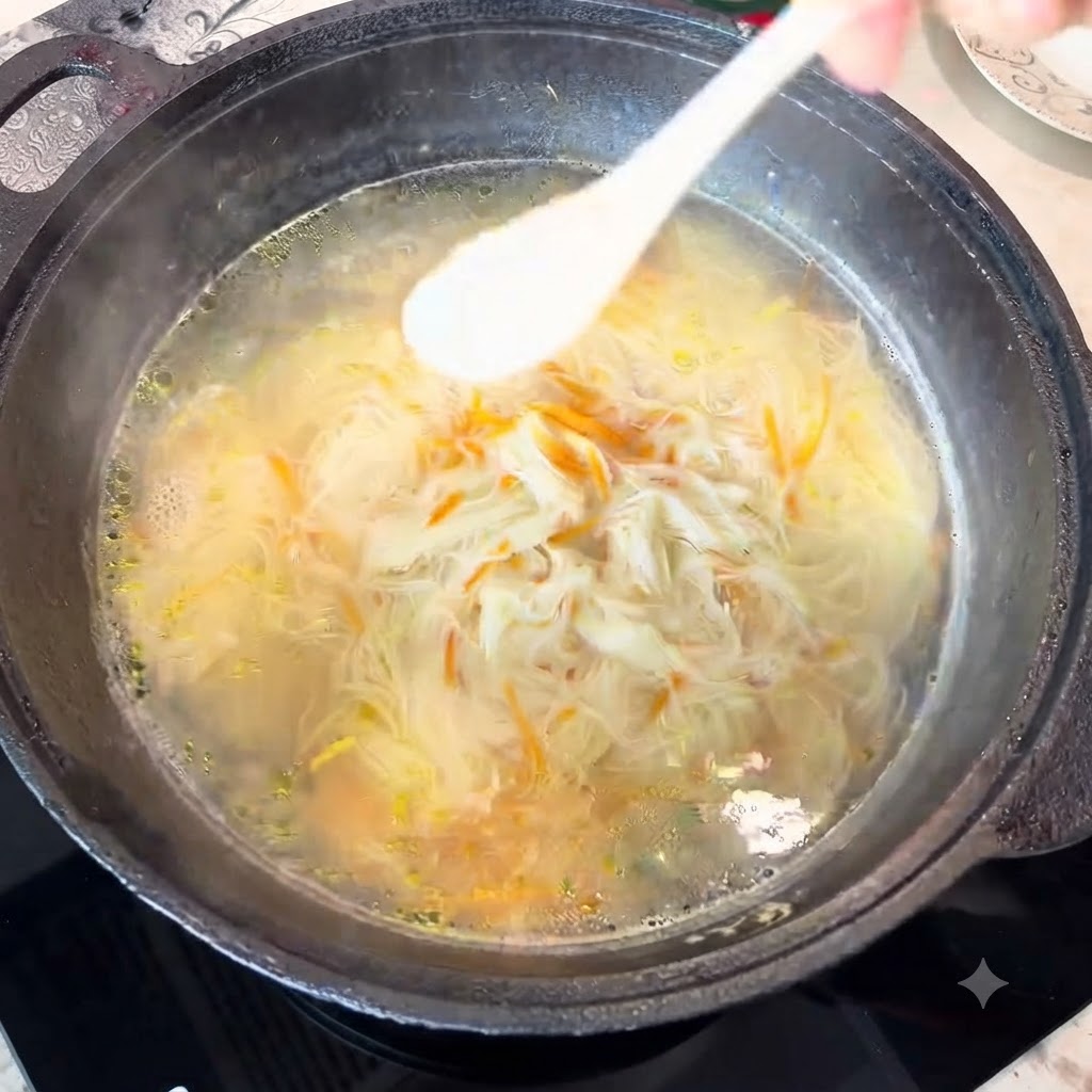 小さなスプーンでスープに塩を振り入れている様子。