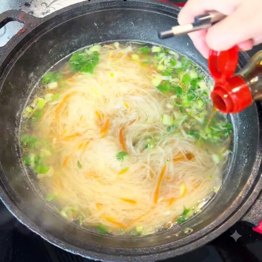 小瓶からごま油をスープに垂らしている様子。