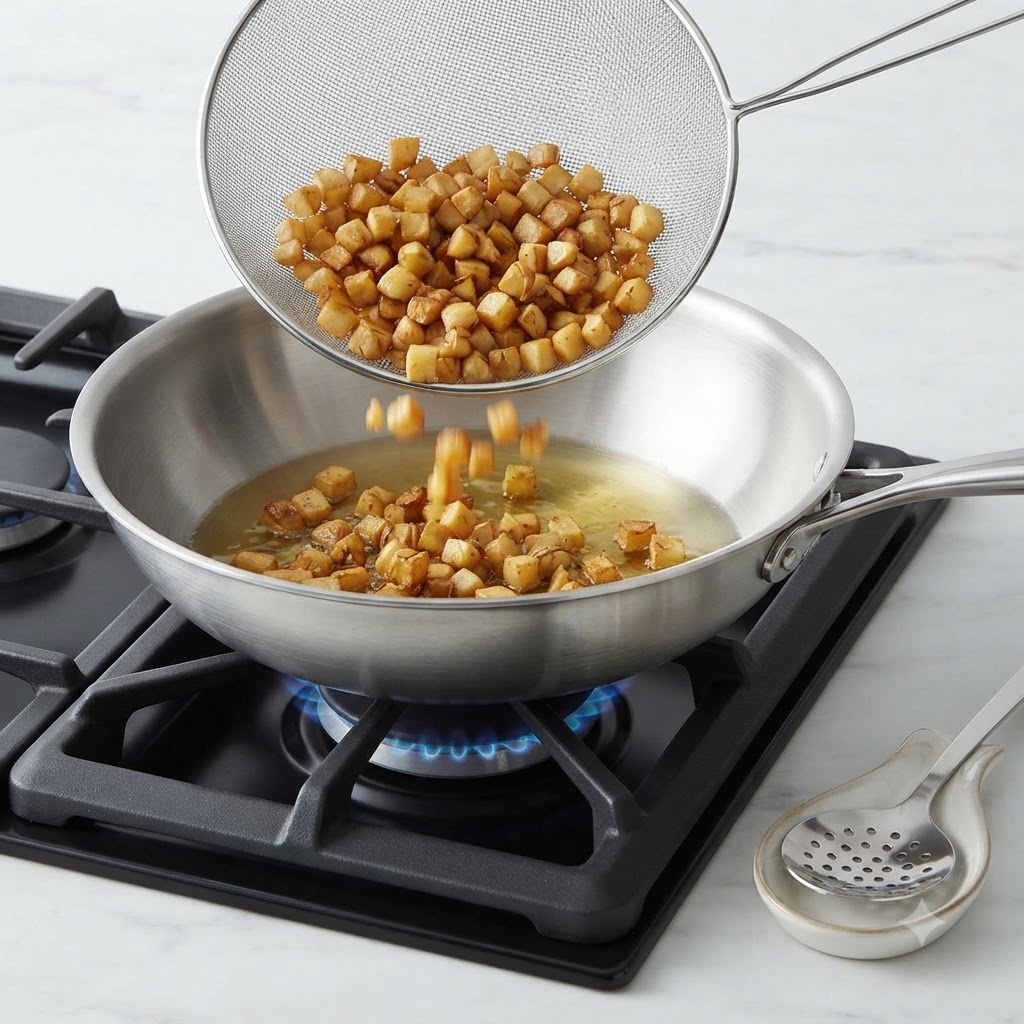 油の入ったフライパンの上で、黄金色に揚がったにんにくのキューブを strainer（網）ですくい上げているところ。