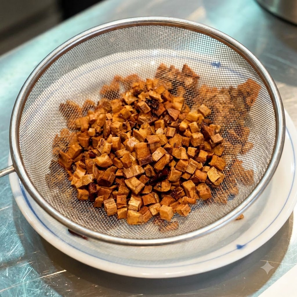 濃い茶色にローストされたにんにくの断片が入ったワイヤーメッシュのストレーナーが皿の上に置かれている様子。
