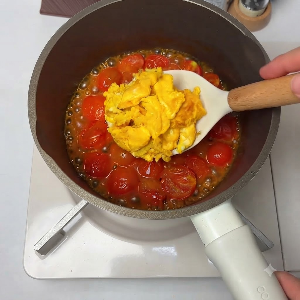 白いヘラを使って、煮詰まったチェリートマトのフライパンに炒り卵を加えている様子。