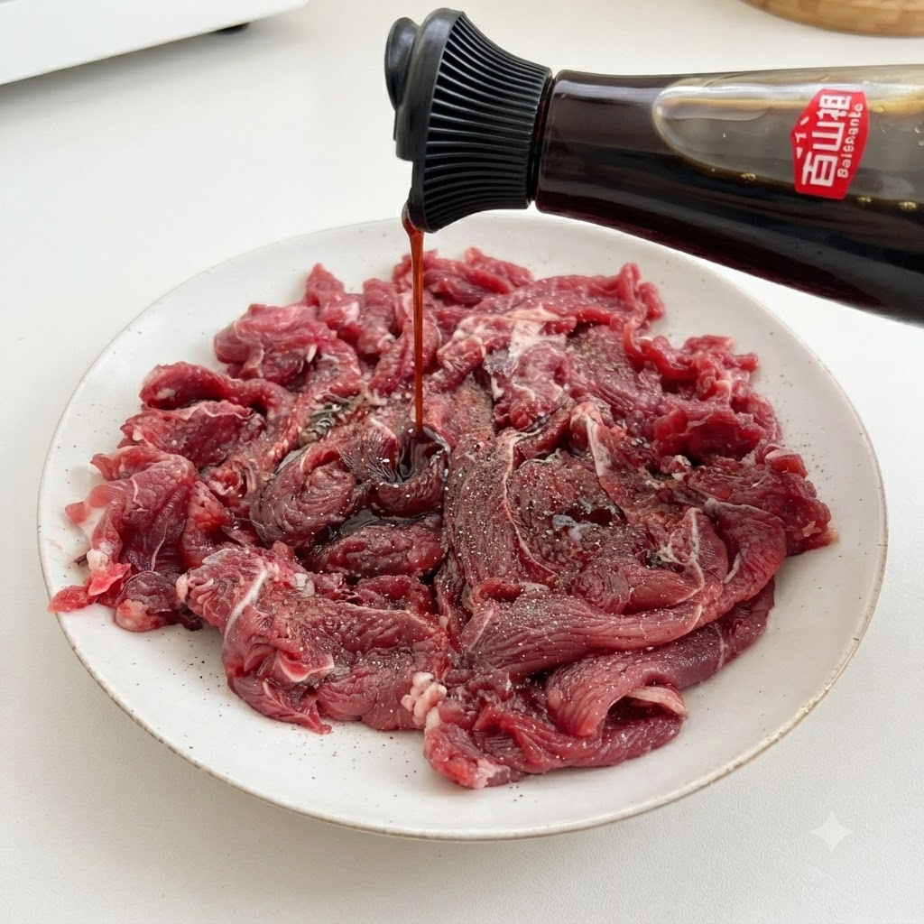白いお皿に並べた薄切り牛肉に、濃い色のソースをかけて下味をつけている様子。
