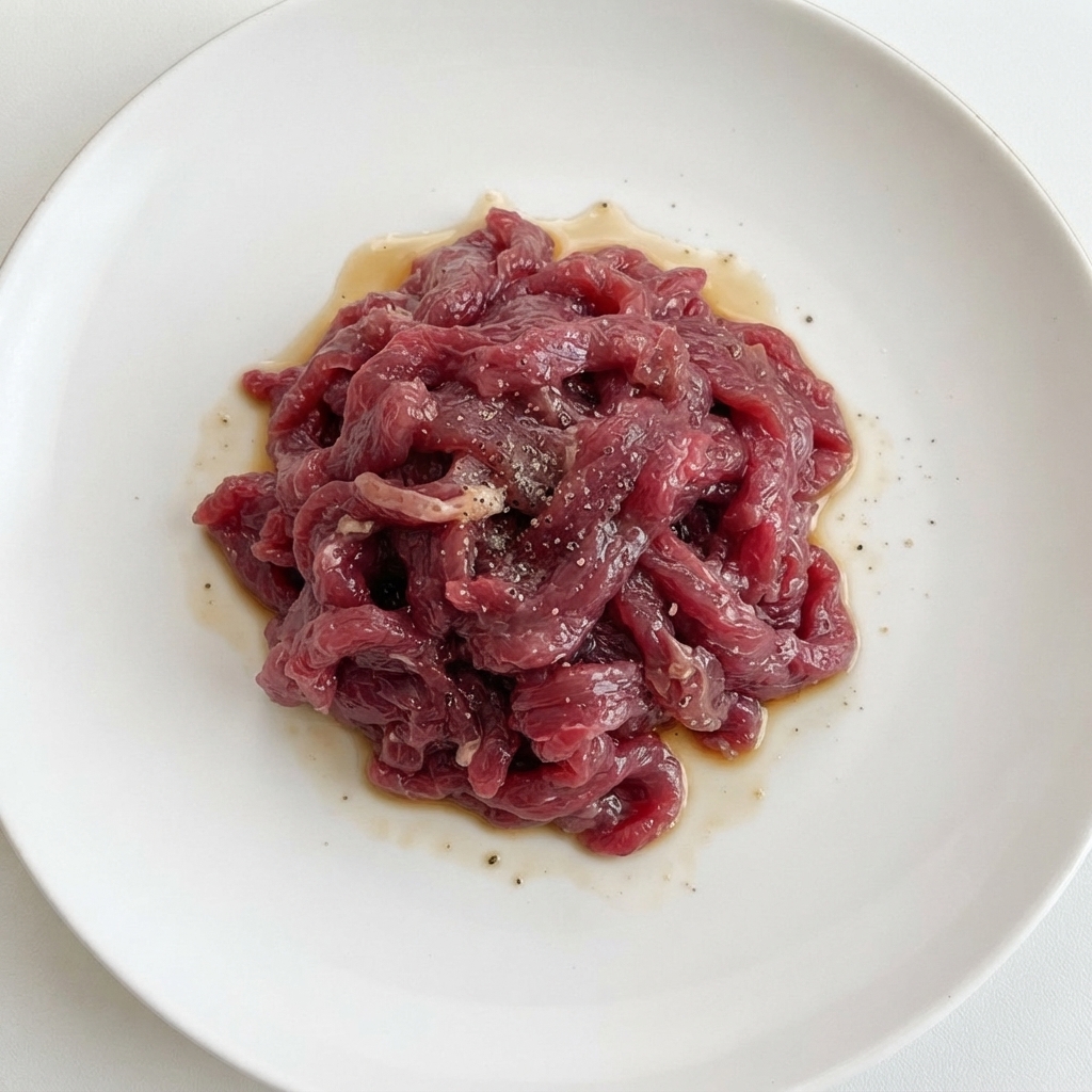白いお皿の上で、手袋をした手でマリネした牛肉をしっかりと揉み込んでいる様子。