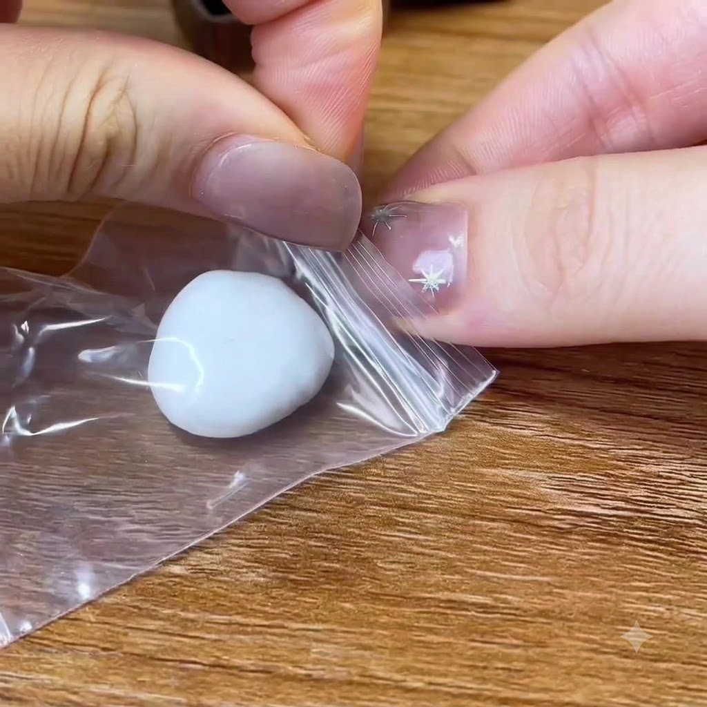 透明なプラスチックシートの上で白いクレイの塊をこねて整えている手。