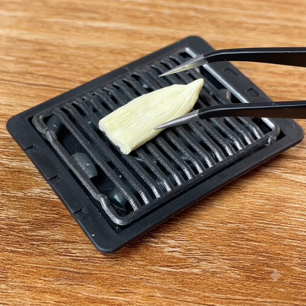 ピンセットに挟まれた成形されたうなぎパーツが、ミニチュアのグリルにかざされているところ。