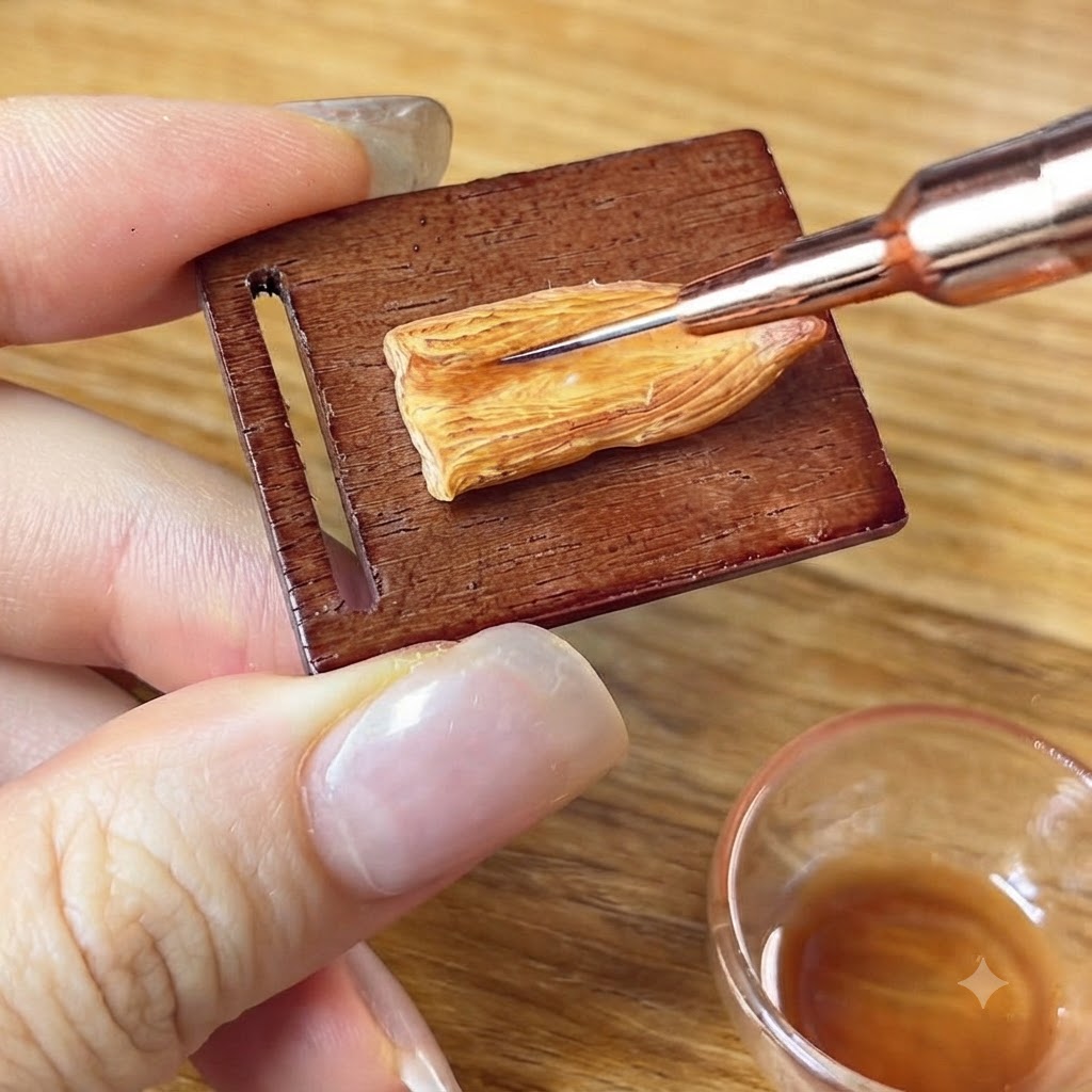 ミニチュアの木のボードに置かれた、テクスチャーのある焼いたうなぎのパーツに、小筆で濃いタレを塗っているところ。