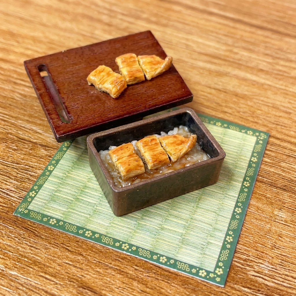 ピンセットを使い、タレのかかったご飯の上にスライスされた焼いたうなぎを並べているところ。