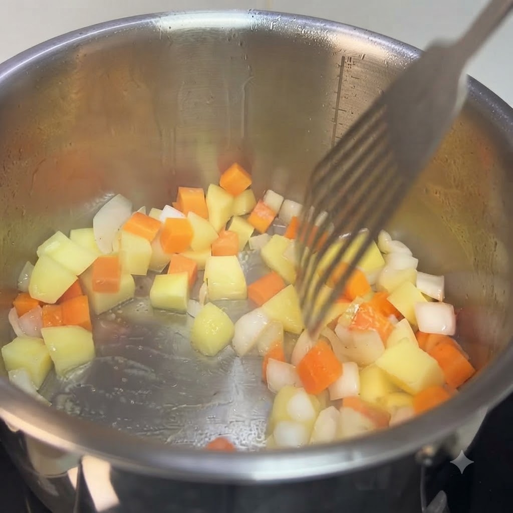 炒めた角切り野菜が入った鍋に水が注がれている様子。