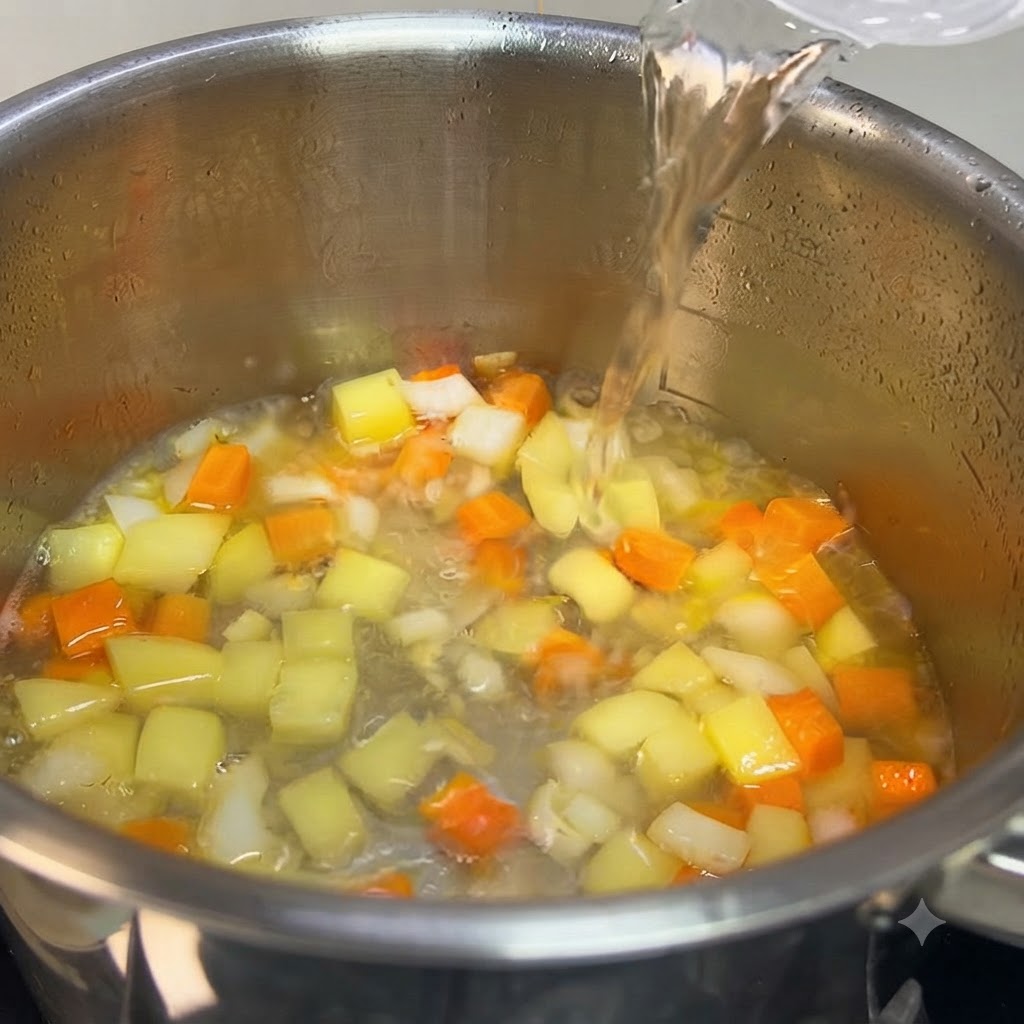 煮立った水と野菜の入った鍋にカレールーが入れられている様子。