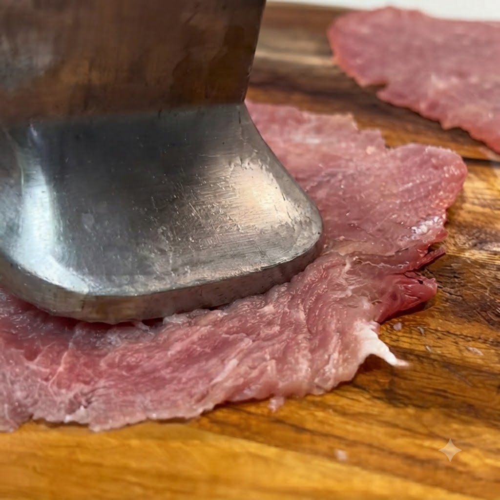 木製のボードの上で肉叩きハンマーが豚テンダーロインのスライスを叩いている様子。