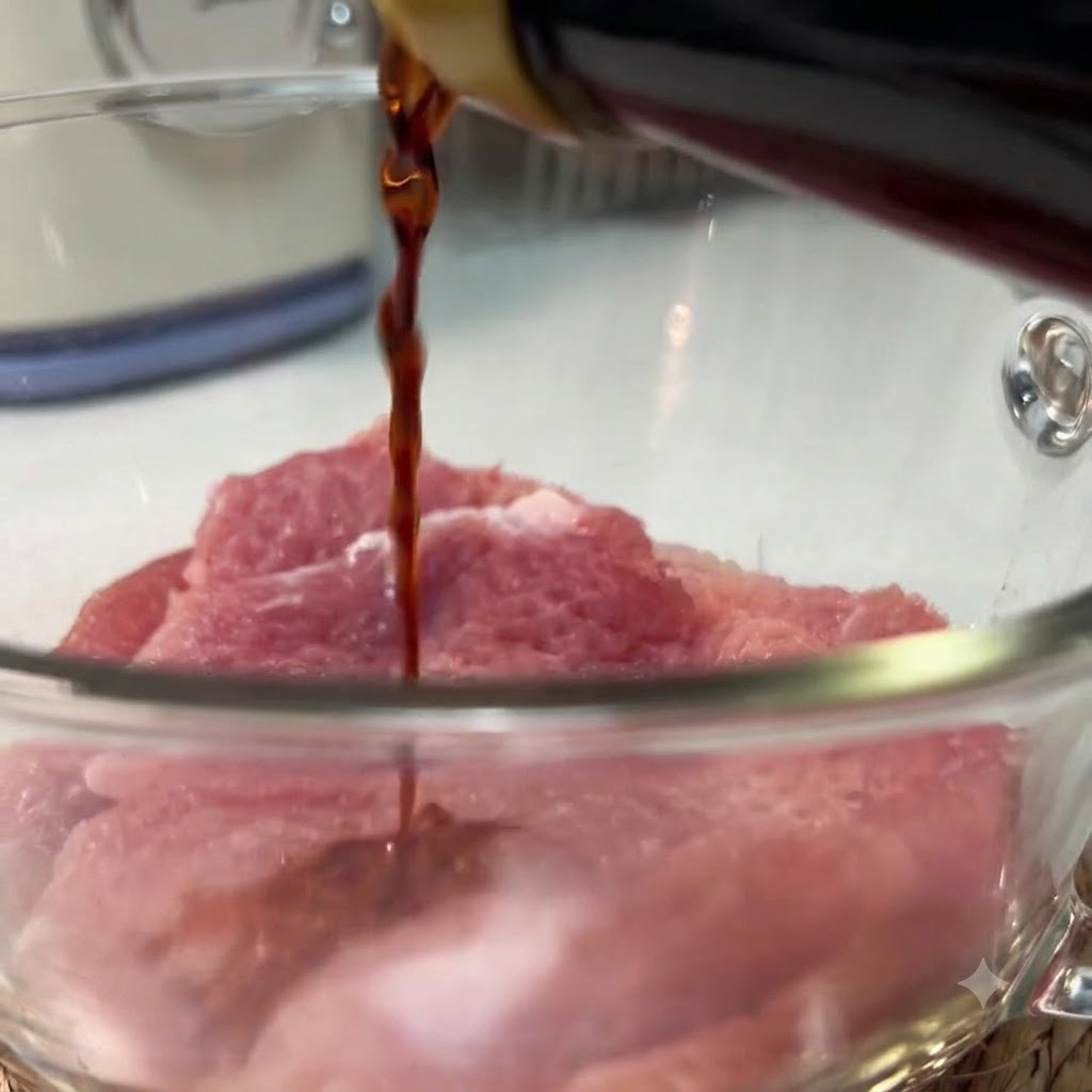 ガラスボウルに入った生の豚肉のスライスにボトルから薄口醤油が注がれている様子。