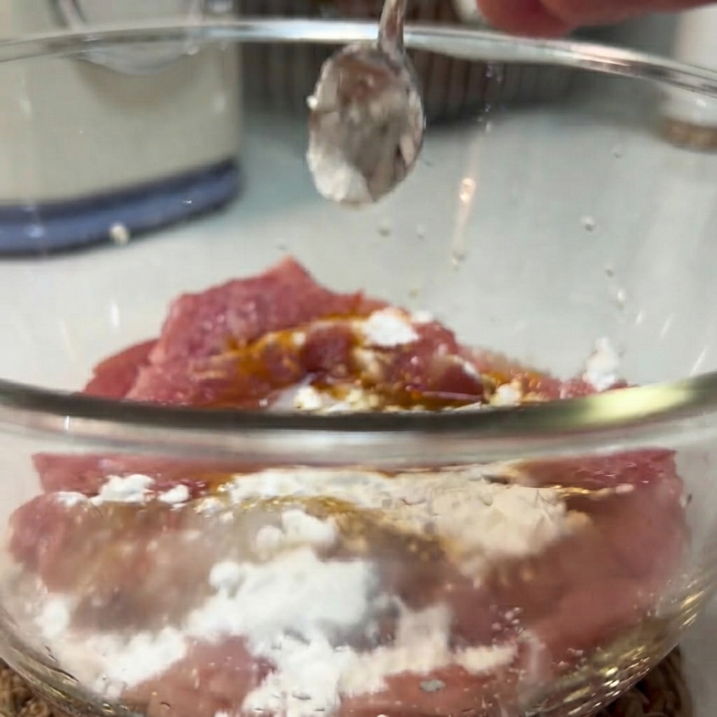 透明なガラスボウルの中で手袋をした手が調味料やスパイス、水分を豚肉に混ぜ合わせている様子。