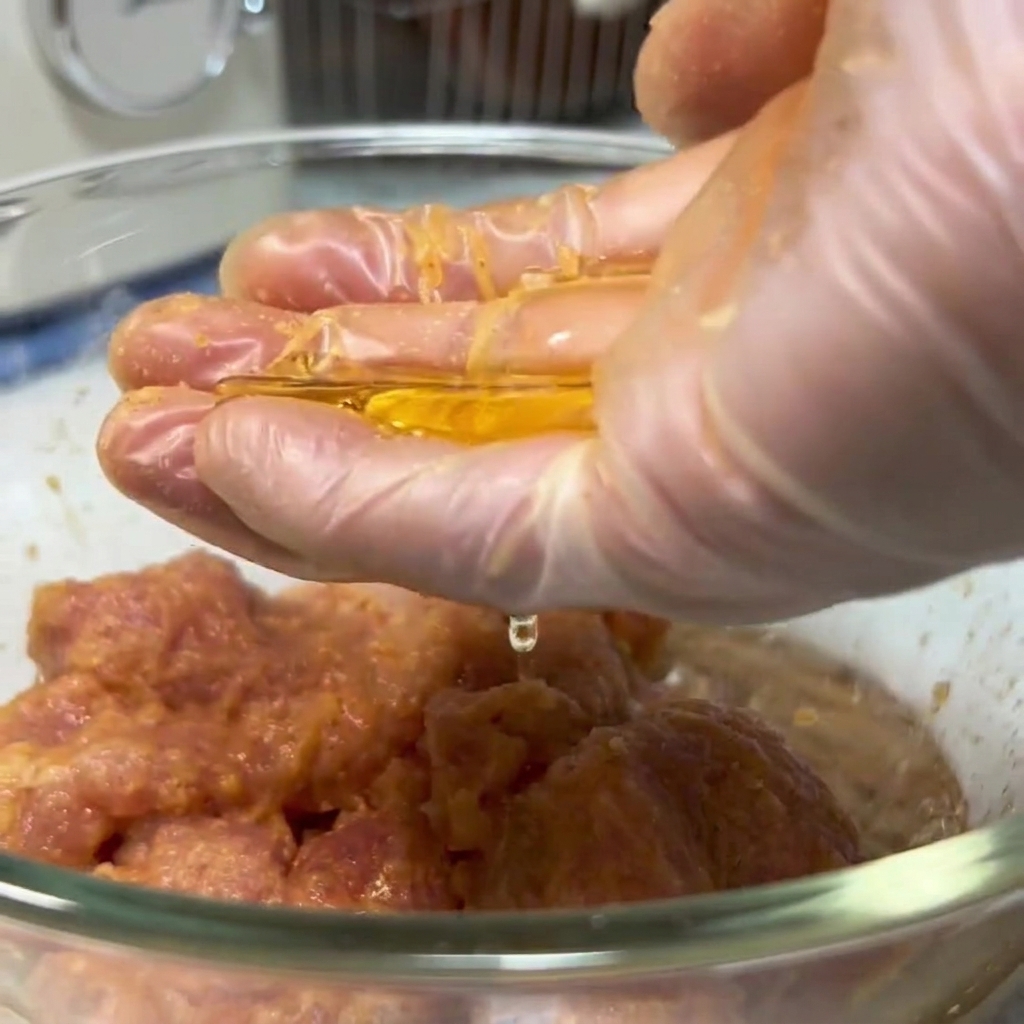 ガラスボウル内の下味をつけた豚肉に手袋をした手が調理油を注いでいる様子。