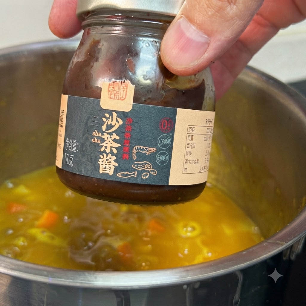 ジャガイモとニンジンが入った黄色いカレーの煮込み鍋の上にサテソースの瓶がかざされている様子。