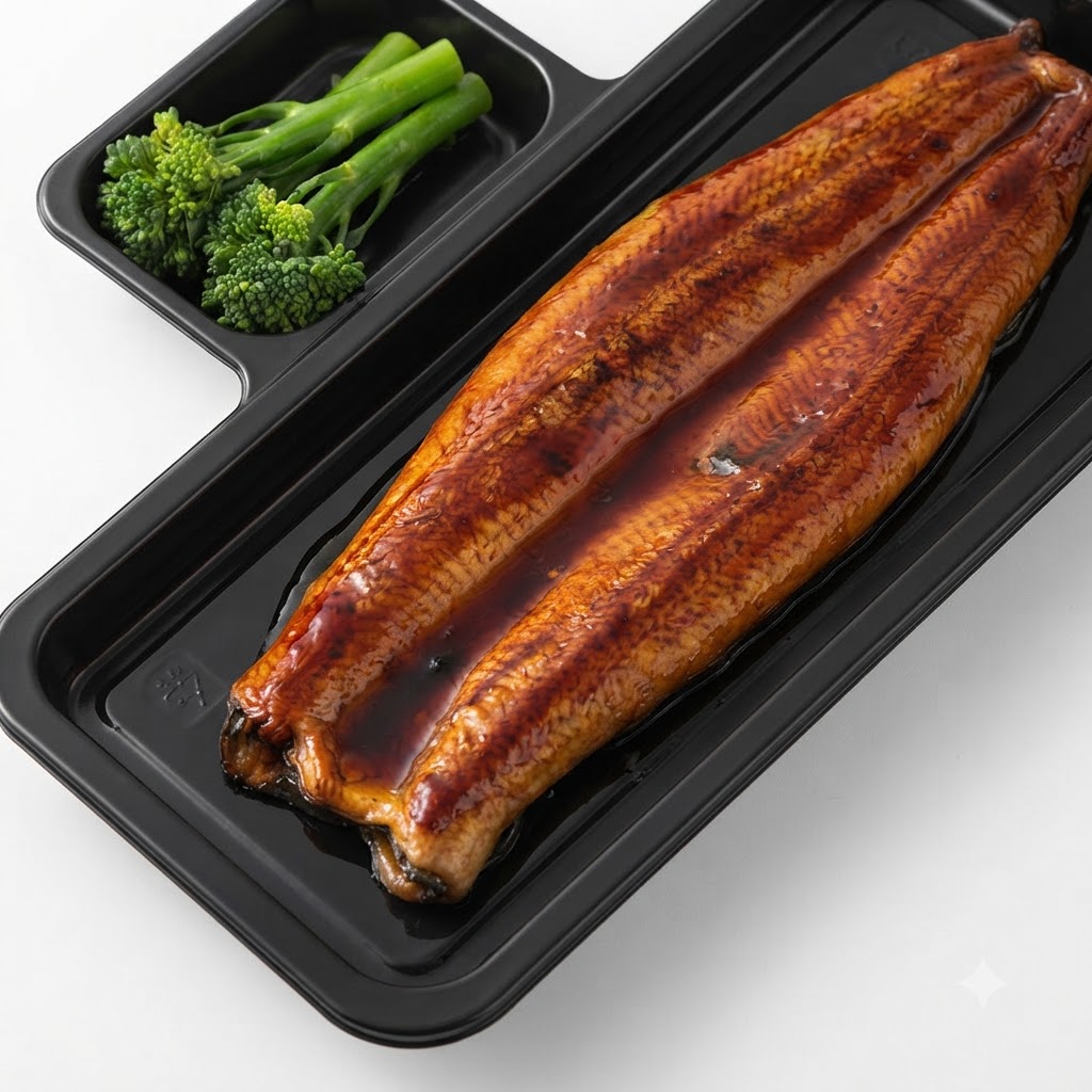 パッケージに入ったローストうなぎをトレイの上でキッチンバサミを使い食べやすい大きさに切っている様子。